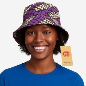 NWT Meji Meji Adire Bucket Hat – Purple, Black & White Abstract‎ Print